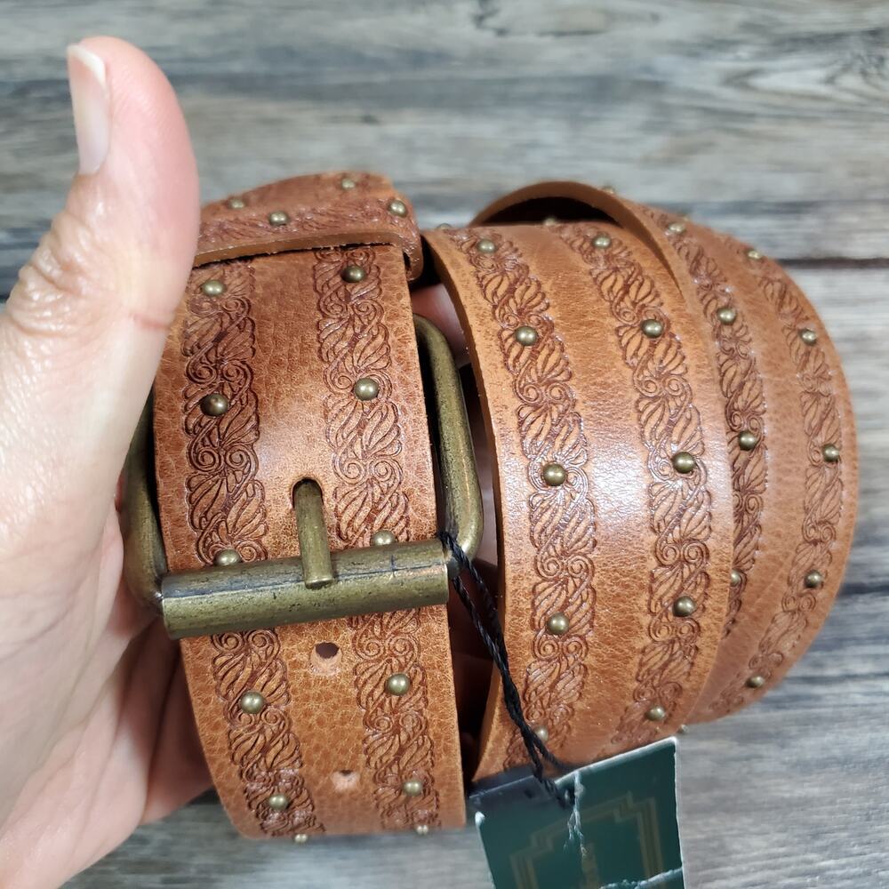 Sangiorgio Italy Tooled Leather Studded Belt Tan Gold Hardware NWT Western Boho - Picture 2 of 6